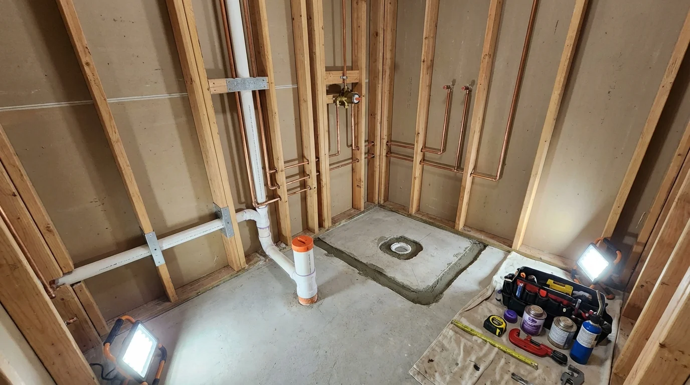 Bathroom rough-in plumbing during remodel by Johns Plumbing LLC in West Portsmouth