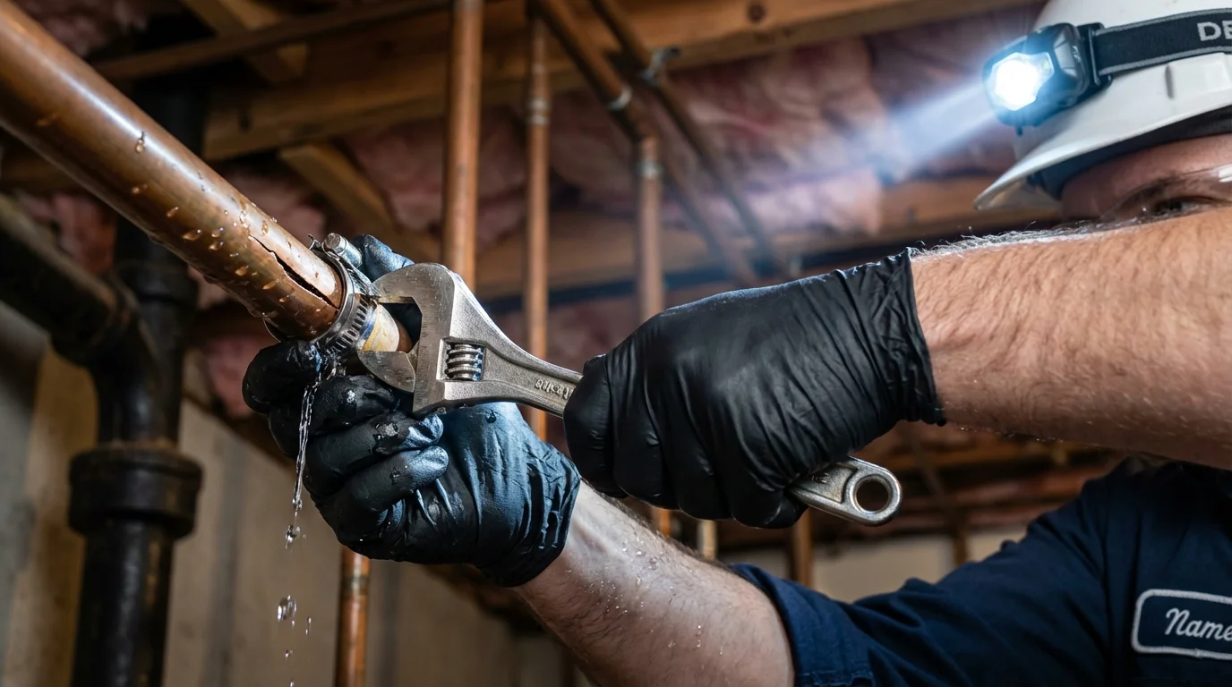 Emergency pipe clamp repair being performed by a Johns Plumbing LLC plumber in West Portsmouth