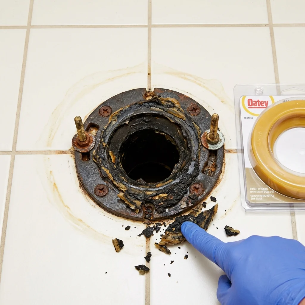 Failed wax ring showing water seepage at the base of a toilet in a West Portsmouth, OH home
