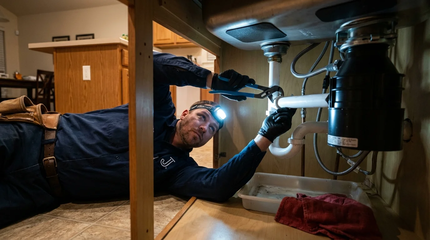 P-trap and supply line connections under a kitchen sink showing a common leak point in West Portsmouth, OH